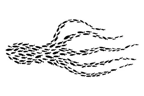Fish school or shoal, vector silhouette. Shoal of fishes isolated on white. Sea Stock Illustration
