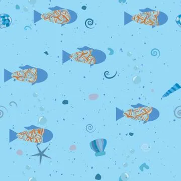 Fish in sea, underwater pattern. vector seamless texture Stock Illustration
