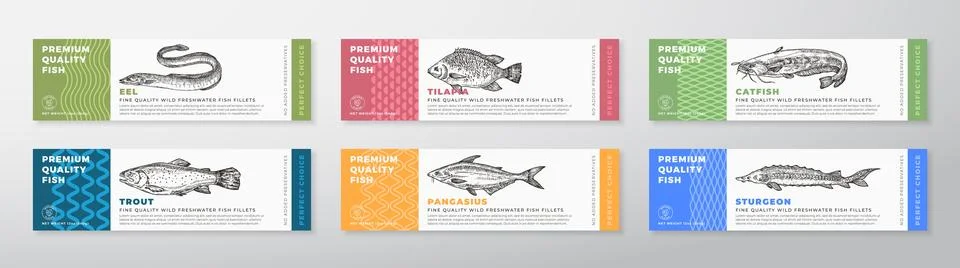 Fish Seafood Vector Packaging Label Design Collection Modern Typography and Hand Stock Illustration