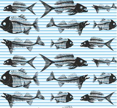 Fish seamless pattern. Animal background. Blue stripes. - Vector Illustrazione stock