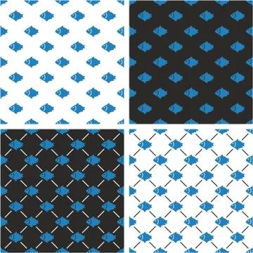 Fish Seamless Pattern Blue Color Set Stock Illustration