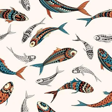 Fish seamless pattern. Decorative beautiful fish in ornamental technique Stock Illustration