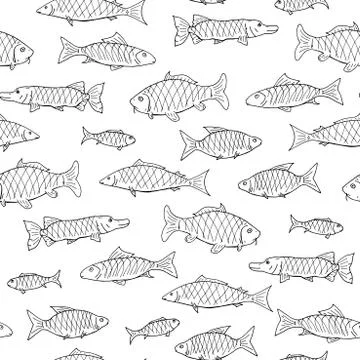 Fish seamless pattern in doodle style. Hand drawn Illustrazione stock
