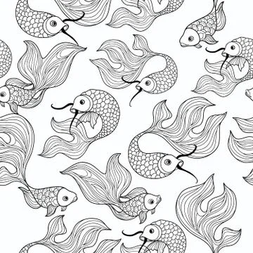 Fish seamless pattern. Hand drawn doodle line decorative marine life backgrou Stock Illustration