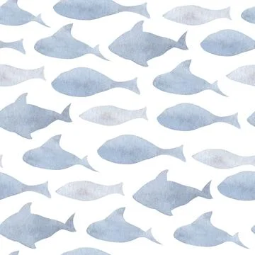 Fish seamless Pattern. Hand drawn watercolor background with shoal on isolated Stock Illustration
