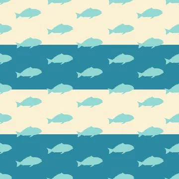 Fish seamless pattern isolated on stripe blue background. Repetition pattern Stock Illustration