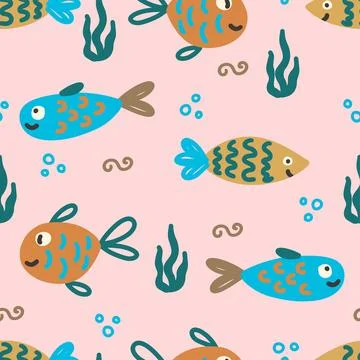Fish seamless pattern with seaweed and bubbles Illustrazione stock