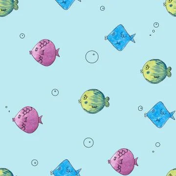 A fish, Seamless Pattern. Watercolor Hand Drawn, fish Head Seamless Background Stock Illustration