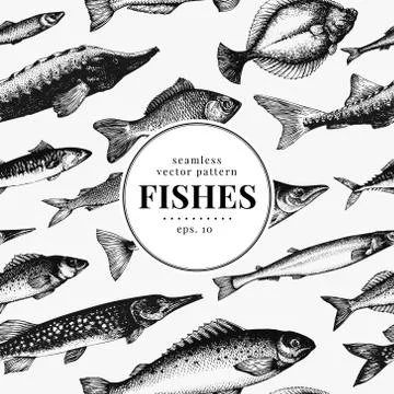 Fish seamless vector pattern. Can be use for restaurants, packaging, emblem Stock Illustration