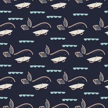 Fish seamless vector pattern. Hand drawn style dark blue fun fish background. Illustrazione stock