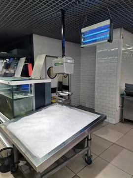 Fish section in supermarket with ice cube stand, weighing scales, live fish.. Stock Photos