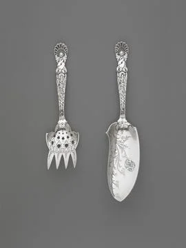 Fish Serving Knife and Fork, DolphinPattern. Manufacturer: Tiffany and Com.. Stock Photos