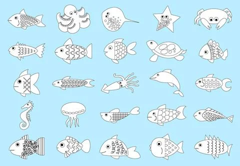 Fish set. Coloring book isolated elements. Cute starfish, funny octopus and Stock Illustration