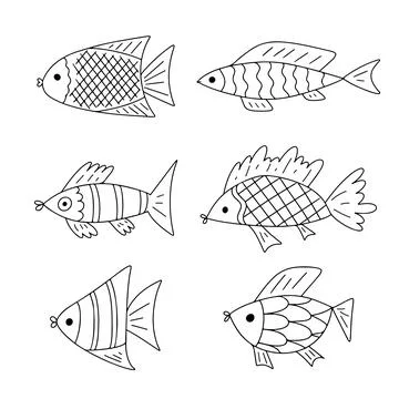 Fish set in hand drawn doodle style. Collection of fish, aquarium animal vect Stock Illustration