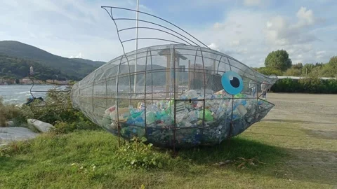 Fish-Shaped Plastic Collection Container, Fiumaretta, Italy, October 11, 2026 Stock-Footage 347539992