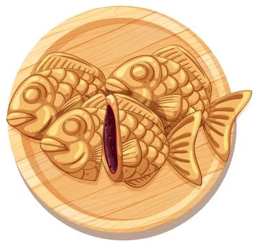 Fish Shaped Red Bean Pastries on Wooden Plate Stock Illustration