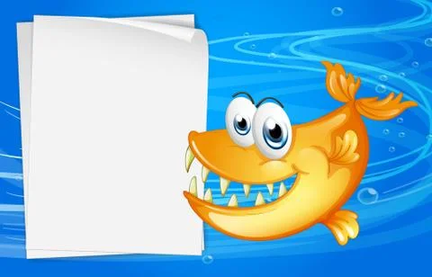 A fish with sharp teeth beside an empty paper under the water Stock Illustration