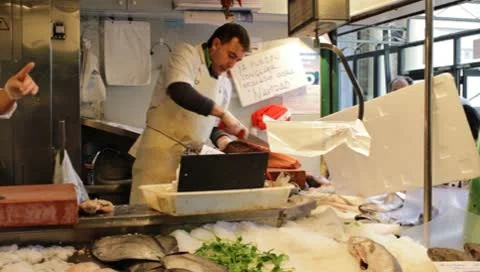 Fish shop in a market Stock Footage 10560897