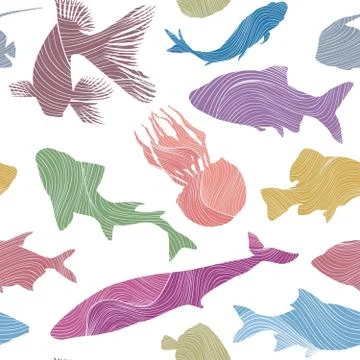 Fish silhouette seamless pattern Underwater marine background Stock Illustration