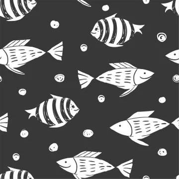 Fish simple sketh drawn by hand seamless pattern in cartoon style. For Stock Illustration