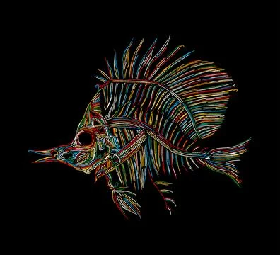 Fish skeleton graphic in colors vector icon over black Illustrazione stock