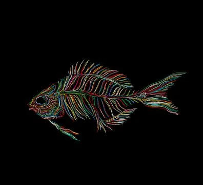 Fish skeleton graphic in colors vector icon over black Illustrazione stock