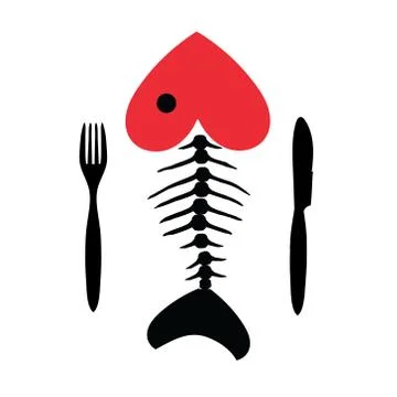 Fish skeleton with the head in the shape of a heart with Cutlery. Stock Illustration