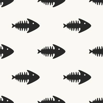 Fish skeleton icon, seamless pattern on white background. Fish bone cartoon Stock Illustration