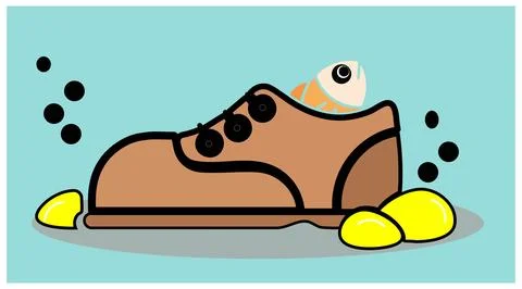Fish skeleton inside shoe with bubbles and stones simple pollution concept Stock Illustration