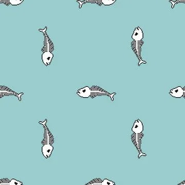 Fish skeleton pixel art pattern seamless. 8 bit Fish skull background. pixela Stock Illustration