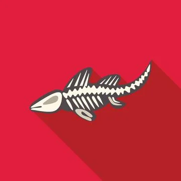 Fish skeleton representing extinct aquatic animal fossil on red background Illustrazione stock