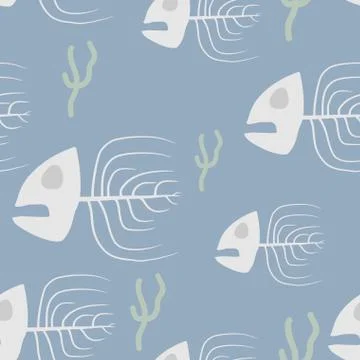 Fish skeleton seamless pattern. Vector background sad, doomed fish and algae. Stockillustratie