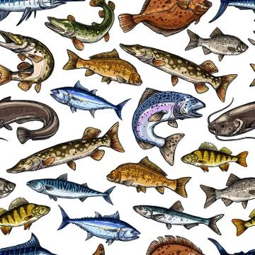 Fish sketch vector seamless pattern Illustrazione stock