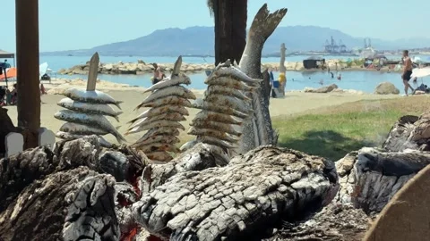 Fish skewers getting ready on a grill by the beach in the summer Video stock 338158947
