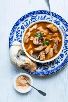 Fish soup with bread (seen from above) Stock Photos