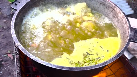 Fish soup in a cauldron. Cooking fish soup over wood in a cauldron. Cooking soup Stock Footage 262973164