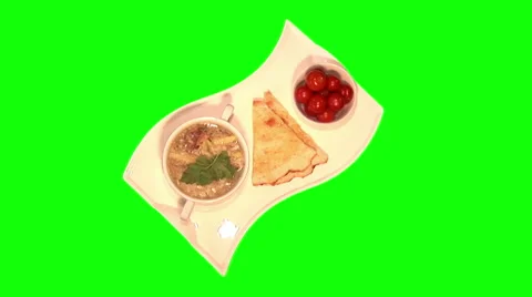 Fish soup, cherry tomatoes, flat cake on tray Stock Footage 46465074