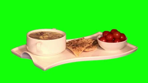 Fish soup, cherry tomatoes, spicy flat cake on tray Stock Footage 46463427