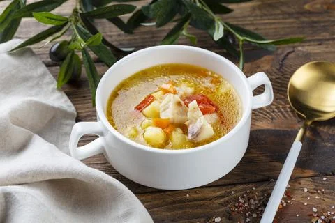 Fish soup with cod and vegetables Stock Photos