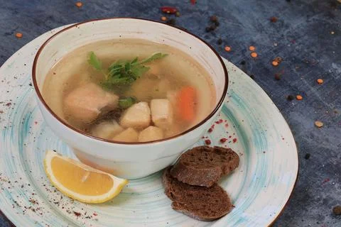 Fish Soup with Dark Bread Stock Photos