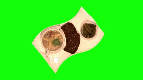 Fish soup, marinated cornichons, brown bread on tray Stock Footage 46465253