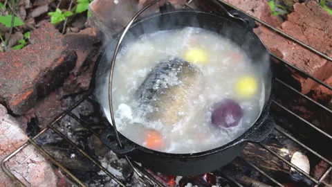 Fish Soup on Open Fire Stock Footage 159804023