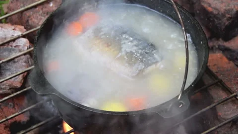 Fish Soup on Open Fire Stock Footage 159804079