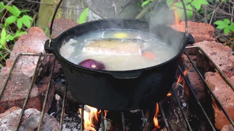 Fish soup on Open Fire Stock Footage 159804233