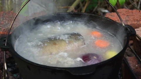 Fish soup on Open Fire Stock Footage 159804238