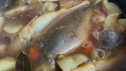 Fish soup. Top view, slow motion Stock Footage 341863849