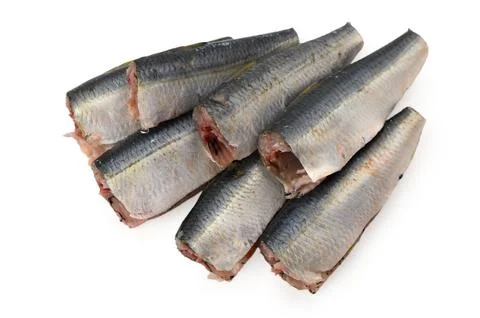 Fish stacked, in white background, with fish, from a top-down perspective, .. Stock Photos