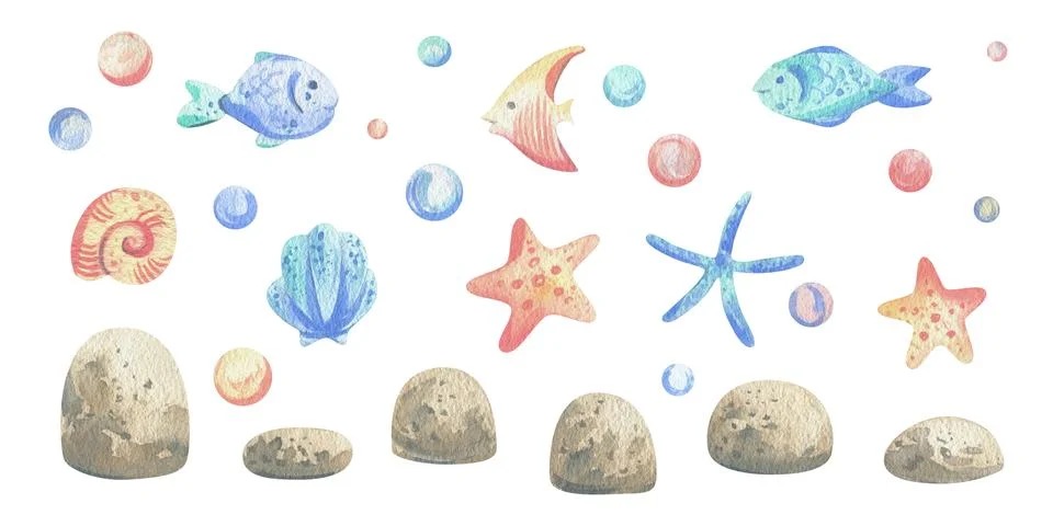 Fish, starfish, seashell, bubbles, pebbles. Watercolor illustration hand drawn Stock Illustration