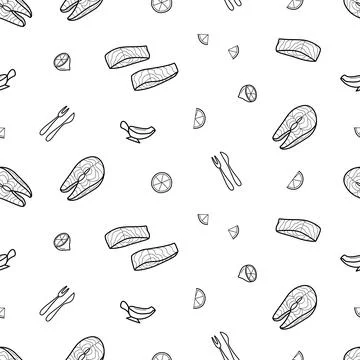 Fish steak seamless pattern. Vector illustration of grilled red fish with sau イラスト素材