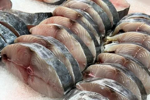 Fish steaks arranged in rows representing seafood retail display and fresh .. Foto stock